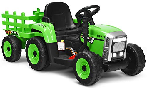 GOPLUS 12V Kinder Elektrischer Traktor mit Anhänger, 3-Gang Elektrofahrzeug mit Fernbedienung, Elektroauto mit LED-Licht & Musik & Bluetooth, 30 kg Belastbarkeit, ab 3 Jahre (Grün)