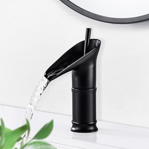 ROWINNAO Wasserhahn Bad Schwarz Wasserfall Waschtischarmatur Bad Retro Kurz, Einhebel Mischbatterie Waschbecken Badarmatur Kaltes und Heißes aus Messing, Waschbeckenarmatur Matt Schwarz
