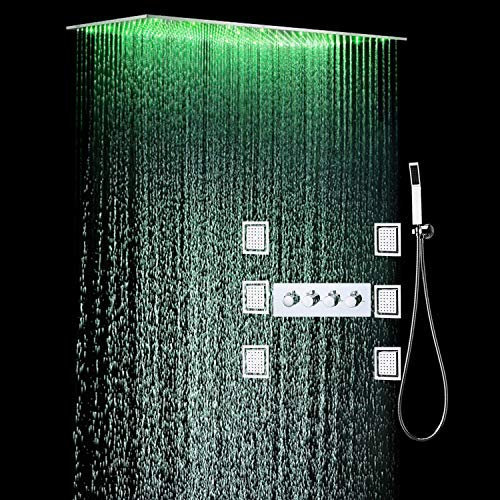 GaRcan LED-Deckenduschkopf, 40 Zoll, Wasserkraft, Temperatur, 3 Farbwechsel-Duschsystem, Regenfall, 304 Edelstahl, 6 Körperdüsen, Duschsystem