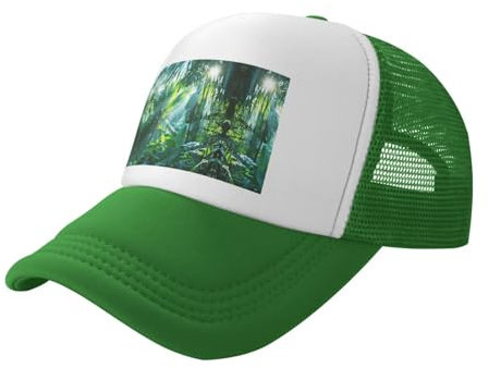 MDATT Men Women Washed Adjustable Dad Hat for Outdoors,Flat Bill Snapback with High Ponytail Design,Tropical Palm Leaves Print Green
