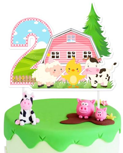 JOYMEMO Farm Animals 2nd Birthday Cake Topper Pink - Farm 2nd Birthday Party Decorations Girl, Double Sided Farmhouse Barnyard Second Birthday Cake Decor
