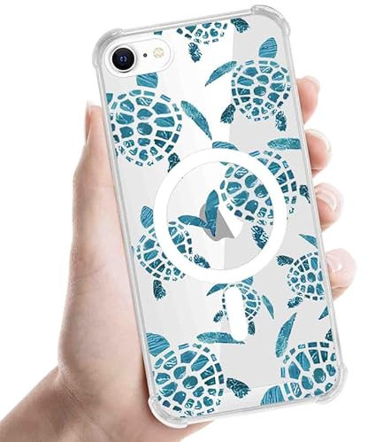 Foonary Transparent Cover Magnetic for iPhone 8/SE 2022/7/SE 2020 4.7, Compatible with MagSafe with Cute Turtle Aesthetics Pattern Case Wireless Charging, Protective Bumper Soft Cases for iPhone 7