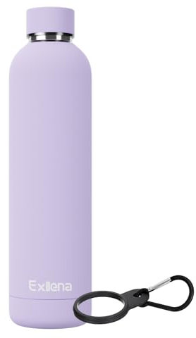 Exllena Bouteille d'eau isotherme de 1 l avec clip, double paroi sous vide, garde les boissons froides 24 heures/chaudes 12 heures, bouteille d'eau en acier inoxydable sans BPA (violet)