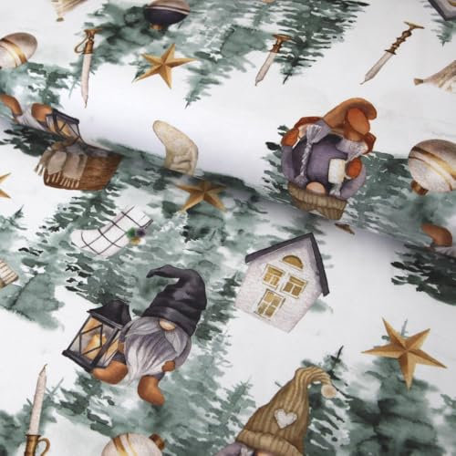 Jerseystoff Weihnachten - Winter Wichtel, Gnom, Kobold, Zwerg in weiß/grün - Jerseystoff, Winterstoff ab 25 cm Länge von Stoffe Kudellino