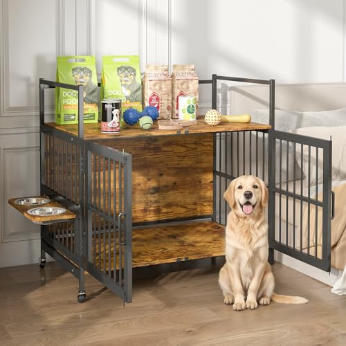 Rebongki Dog Crate Furniture with Storage Shelf, 99x58x96.5cm Indoor Large Dog Cage with 2 Rotatable Bowls and Wheels, Heavy Duty Dog House, Wooden Dog Kennel for Medium Large Dogs, Rustic Brown