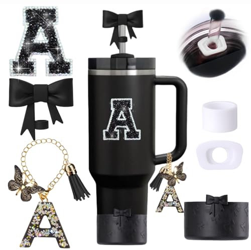 6pcs Black Stanley Cup Accessories Set, Bow Straw Topper for Stanley Cup 30oz 40oz, Including Straw Topper and Bow Silicone Boot, Stoppers Spill Proof, Handle Charm, Initials Sticker, S, Silicone