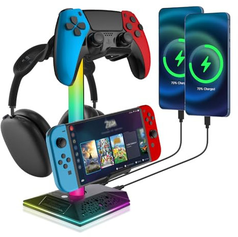 Soporte Cascos Gaming, Soporte Auriculares, Soporte para Cascos Gaming, Soporte Mando Con 10 Modos de Iluminación, Puerto USB Type-C, Apto para Todos Los Mandos de Juego de Auriculares (A)