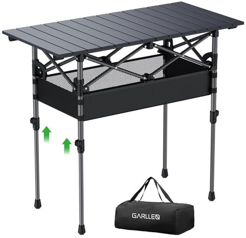 GARLLEN Folding Camping Table, 2 Adjustable Height Portable Roll-up Picnic Table with Storage Net, Lightweight Aluminum Outdoor Table with Carrying Bag for Camping, BBQ, Picnic, 32.2 L x 15.7 W