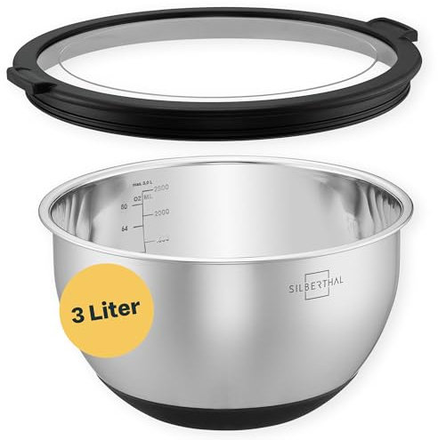 SILBERTHAL Edelstahl Schüssel mit Deckel - 3l Rührschüsseln zum Servieren, Kochen, Backen, Aufbewahren - Rutschfester Boden