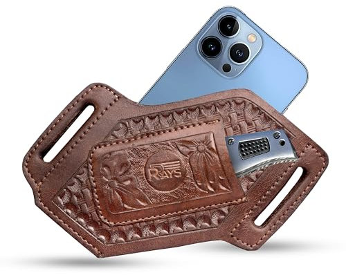 Leather Knife Sheath for Belt Pocket Folding Knife Holder Compact Draw Knifes Carrier EDC Tools Holster (Sheath with Mobile Holster)