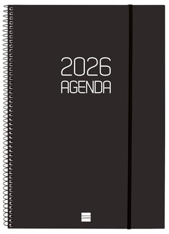 Finocam - Spiralkalender 2026, Wochenansicht, Queransicht, Januar - Dezember (12 Monate), Jahresplaner A4, 2026, mit Gummizug, Deckel aus Polypropylen, Spiralbindung, Schwarz, Katalanisch