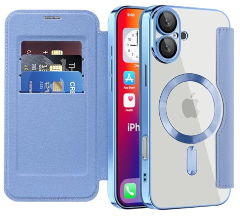 IMEIKONST for iPhone 16 Plus Case Flip Wallet Cover, Light Blue JDCX | RFID Blocking Card Holder, Camera Lens Protection, Magnetic Transparent TPU Back, Compatible with MagSafe, PU Leather