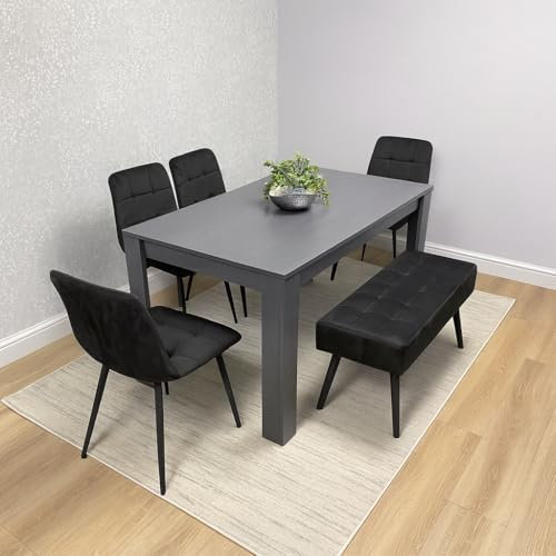 KOSY KOALA Dining Table and 4 Chairs With Black Bench, 4 Grey Velvet Chairs Wood Dining Set Furniture