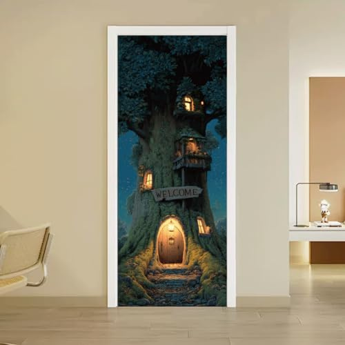 arricraft 2 Sheets Tree Hole Self-Adhesive Door Sticker, 80cmx200cm/31.5x78.7inch Night Tree House Door Murals Stickers PVC Removable Wallpaper Decoration for Bedrooms ​Living Room