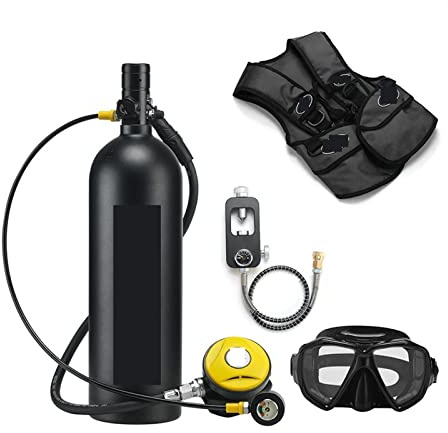 CUDTAPI Mini-Tauchflasche 2L Tauch-Atemschutzmaske, Tauchausrüstung, Aluminiumflasche, Gasflasche, Erwachsene, Schwimmen, Schnorcheln, Schnorchel, Restdruckmessgerät(Noir,B)