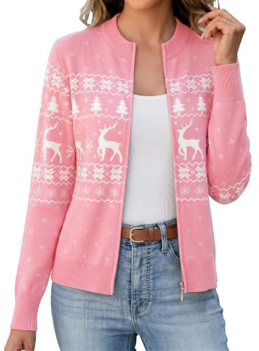 Aottori Cardigan de Noël Zippé Femmes à Manches Longues Veste en Maille Manteau Col Montant Sweat Shirt Côtelé Pull Casual B-Rose XXL
