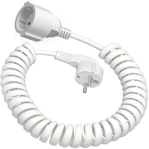 3M Spiralkabel Verlängerungskabel mit Schutzkontakt (0,9-3m dehnbar) | 230V/16A IP20 | mit Schuko-Stecker & Buchse | 3x1,0mm² Kupferleitung | für Innen/Außenbereich (Weiß)