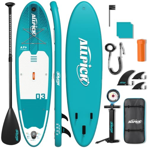 ALLPICK Stand Up Paddling Board Aufblasbar, SUP Board Set, 200kg | Universal Kamerahalterung, Komplettes Zubehör, Verstellbares Paddel, Anfänger, Fortgeschrittene