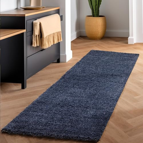 SIMPEX Flauschiger Teppich Wohnzimmer Schlafzimmer Läufer Flur Esszimmer Küchenteppich Hochflor Einfarbig Modernes Design 30 mm Florhöhe Kuschelweich, Marineblau, 80 x 250 cm
