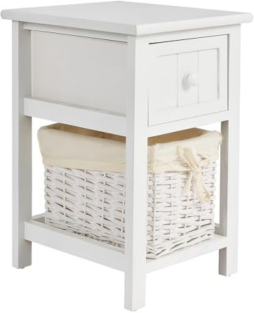 COSTWAY Bedside Table, Solid Wood Nightstand End Sofa Side Table with Drawer and Wicker Basket, Shabby Chic Slim Bedside Cabinet Accent Tea Tables for Living Room Bedroom, 28x31x45cm (1PCS, White)