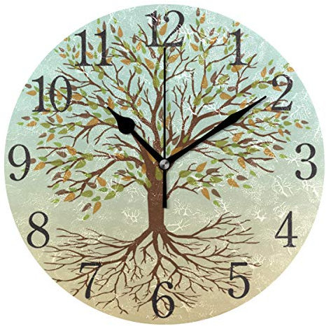 Skyda Orologio da parete con numeri arabi, design con albero della vita autunno, rotondo, per soggiorno, bagno, decorazione per la casa