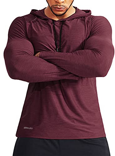 Men's Bodybuilding Long-Sleeve Hoodie Running Sweatshirts Dry Fit Performance Stretchy Polyester and Spandex Color Wine Red Size L