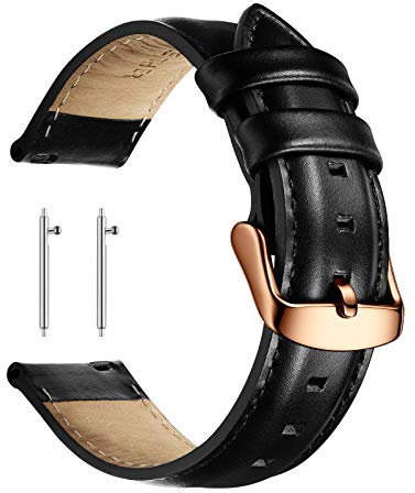 XIRUVE Uhrenarmband aus Echtleder Schnellverschluss Ersatzband für Damen Herren 18-22mm (18mm, Schwarz, Rosegold Schnalle)