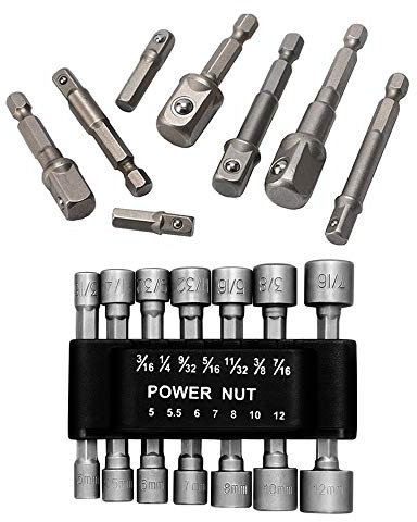 Copechilla 8pcs Hex Shank to Square Socket Drill Socket Adapter Drill Extension and 14pcs Nut Driver Set Socket Nut Impact Driver Adapter Drill Bits 1/4''Hex Shank 5 to 12mm and 3/16” to7/16”