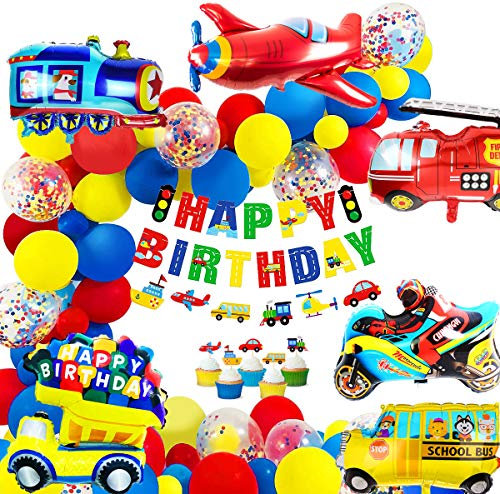 iZoeL Palloncino Compleanno Trasporto, Striscione Buon Compleanno, Scuolabus Treno Camion dei Pompieri Palloncini Foil Aereo Moto, Cake Topper Per Ragazzo Bambino Auto Festa a Tema