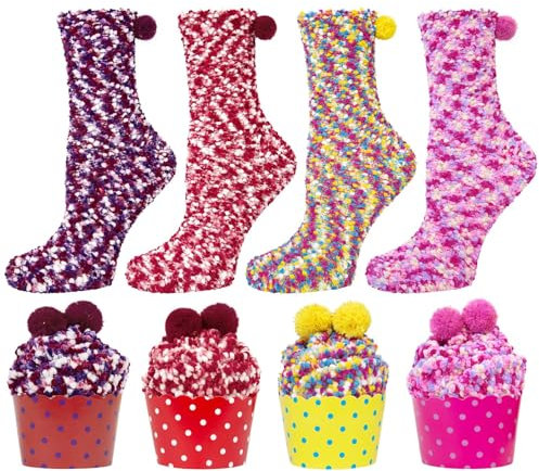 YSense 3 paires Femme Hiver de Chaud Cadeaux Cupcake Chaussettes Moelleuses Floues chaussettes pantoufle doux, jaune-rouge-violet, Taille Unique
