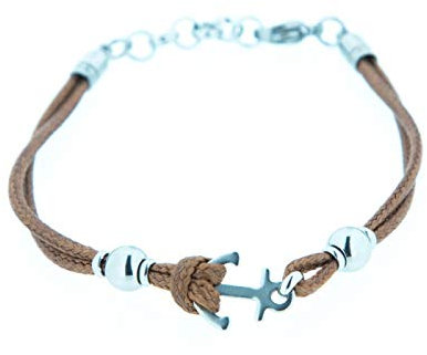Remo Gammella Bracciale Uomo Corda Ancora in Acciaio. Bracciale con ancora in acciaio e corda colorata. Lunghezza regolabile da 18 a 21 cm. (Marrone)