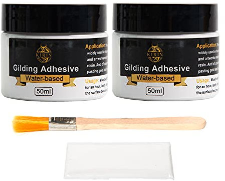 Adhesivo dorado con hojas de metal para manualidades, arte, hojas doradas, uso en madera, base de agua (2 x 50 ml + cepillo + guantes)... (50 ml x 2)