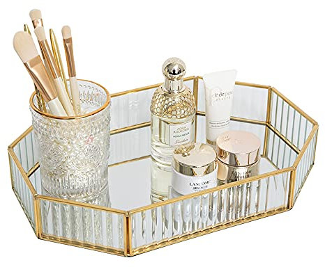 SLHEQING Bandeja de Espejo Dorado, Vintage Bandeja para Maquillaje, Organizador de Joyas, Bandeja Decorativa de Metal Bandeja de Perfume