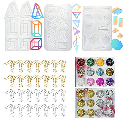 Cayway 7 Stück Ohrringe Resin Silikonform, 3 Stück Hohl Geometrie Ohrringe Silikonform Gießform DIY, Ohrhaken, Glitter Goldfolie Flocken für Harz, Ohrring Harz Handwerk DIY