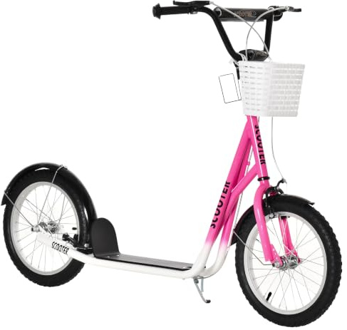 HOMCOM Kids Scooter, Kick Stunt Scooter with Adjustable Handlebar, Dual Brakes, Basket, Cupholder, Mudguard, 16 Inflatable Rubber Wheels, for 5-12 years