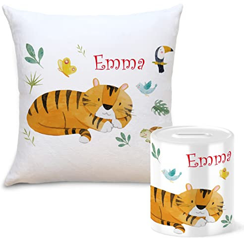 OWLBOOK Safari Tiger Geschenkset Kinder Spardose und Kissen Personalisiert mit Namen Geschenke Geschenkideen für Kinder Baby Junge Mädchen zum GeburtstagWeihnachten Einschulung Taufe Geburt