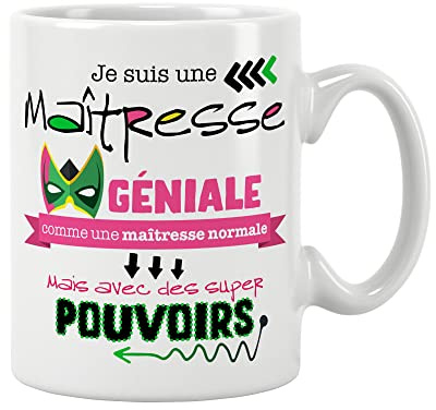 ÉNJA Création. Mug maîtresse d'école/Tasse Maîtresse Maître avec des supers pouvoirs Cadeau fin d'année scolaire Cadeau original Prix mini Céramique haute qualité 11oz 320ML (MAÎTRESSE)