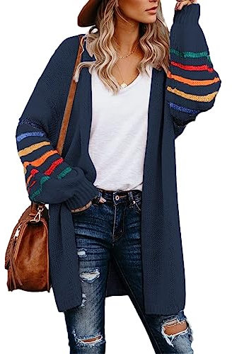AlvaQ Women's Cardigans Long Sleeve Open Front Rainbow Striped Color Block Loose Casual Womens Oversized Cardigan Ladies Long Lightweight Knit Outwear Coat Jacket Sweaters Blue M UK 10 12