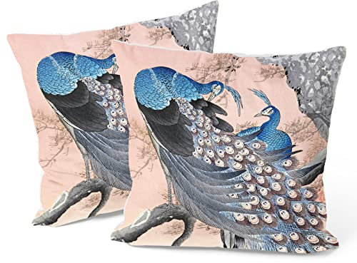Berkin Arts Dekorative Tier Kunst Art Quadrat Kissenhülle 2er Set Kissenbezug 45x45cm Zierkissenbezüge Sofakissen Dekokissen Premium Polyester Hautfreundlich Für Bett (Ohara Koson-Zwei Pfauen)