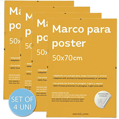 Nacnic - Pack 4 Marcos Clip Transparentes de Vidrio Acrílico sin bordes | Protección y Expositor de Fotografías, Láminas, Pósters y Decoración para Salón, Dormitorio u Oficina | 50x70 cm