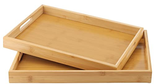 MANCHAP 2 Pack Bamboo Wooden Serving Platter Tray Set, 2 Sizes Rectangular Wooden Butler Trays with Handles for Eating, Breakfast, Tea, Coffee
