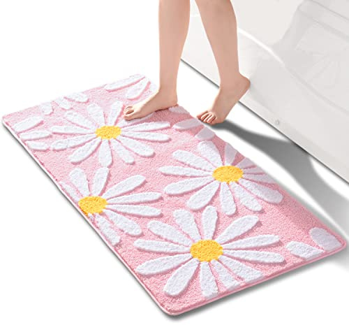 QJHOMO Pink Bathroom Rugs Cute Daisy Bath Mat White and Yellow Flower Decor Rug Non Slip Floor Carpet Microfiber Bathmat Super Absorbent Machine Washable Bathtub Mats for Shower (24x48 inch)