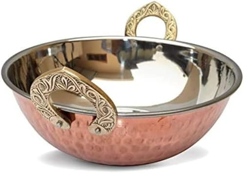 OMG Deals Copper Hammered Kadhai Pan For Cooking And Serving, 5 inch, (With Brass Handles) (Cooper Kadhai, Pack of 1)