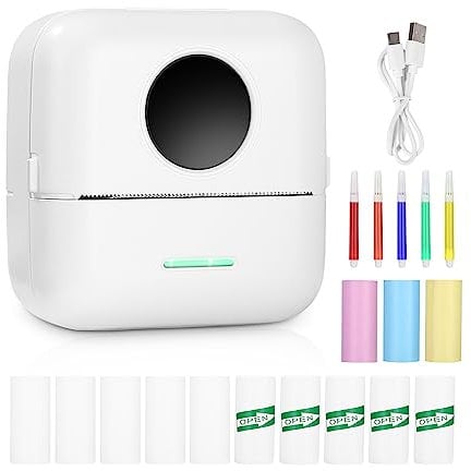Mini Drucker,Tragbarer Mini Fotodrucker,Wireless Fotodrucker Thermodrucker mit 13 Rollen Druckerpapie und 5 Buntstifte,Smartphone Bluetooth Drucker mit Android,iOS,für Liste,Notizen,Journal,Reise