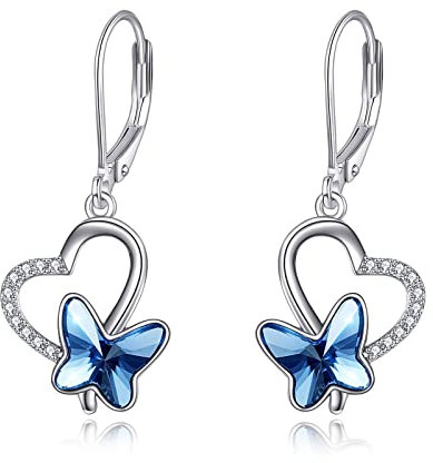 AOBOCO Schmetterling Ohrringe Damen 925 Sterling Silber Leverback Baumeln Tropfen Ohrringe mit Kristall Schmuck Geburtstag Geschenke für Frauen Mädchen Frau Tochter Freundin