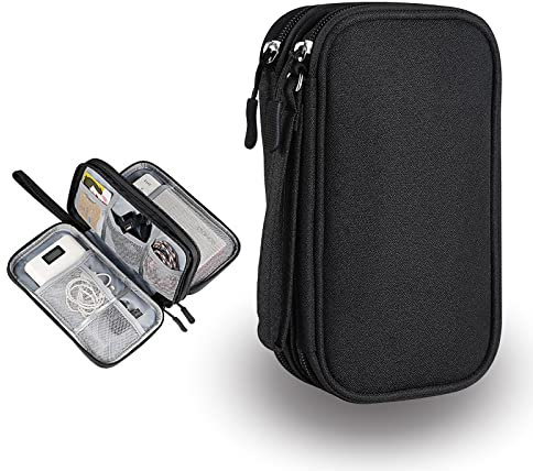 ACONDE Organizador de bolsa electrónica, bolsa de cable, funda de cable universal de doble capa, accesorios electrónicos, para teléfono móvil, cargador, batería externa, Negro, 21 x 12,5 x 6 cm