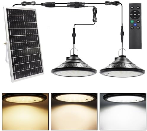2 Lampe Suspendue Solaire Exterieur Intérieur, Lampe Solaire 4 Modes Eclairage Solaire avec Télécommande, 3 Luminosité, 3200K 4800K 5200K, IP66 étanche Pendant Lumière pour Jardin Garage Cour Patio