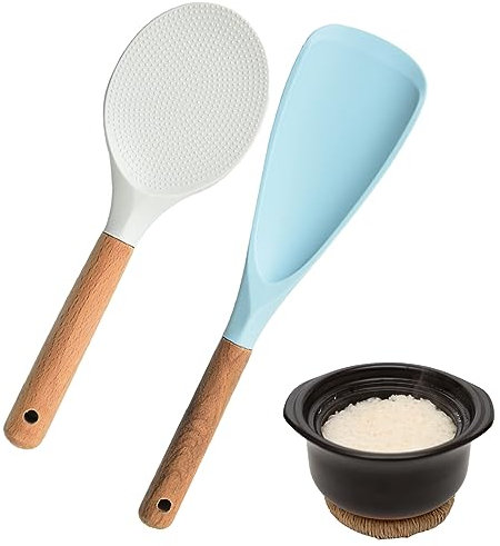 Faderr Ensemble de cuillères à riz, 1 cuillère à riz et 1 spatule à riz, silicone et bois, résistant à la chaleur, antiadhésif, blanc et bleu