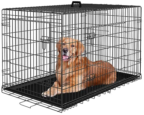 PayLessHere Große Hundebox für mittelgroße und große Hunde, Metall-Hundekäfig, Doppeltür, faltbar, für Reisen, drinnen und draußen, Welpenlaufstall mit Trennwand und Griff, Kunststoffwanne (122 cm,