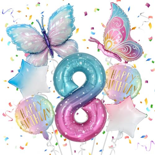 8 Jahre Schmetterling Geburtstag Deko, Schmetterling Folienballon 8 Jahre, Bunt Schmetterlinge Geburtstagsdeko, Geburtstagsdeko Rosa, für 8. Geburtstag Mädchen Deko